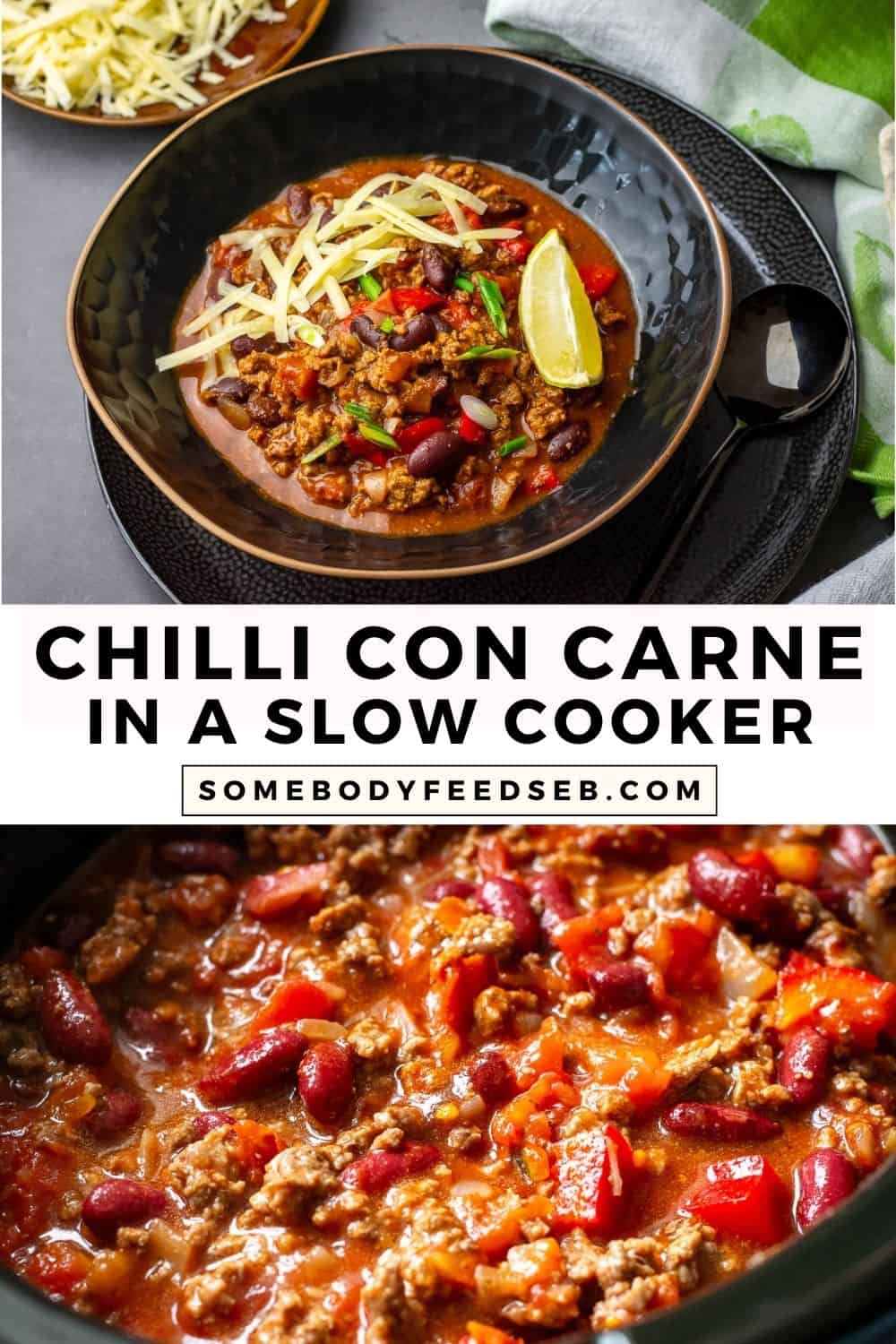 Chilli con carne in a black bowl with toppings and slow cooker chilli con carne in a bowl of a slow cooker. Pin for Pinterest.