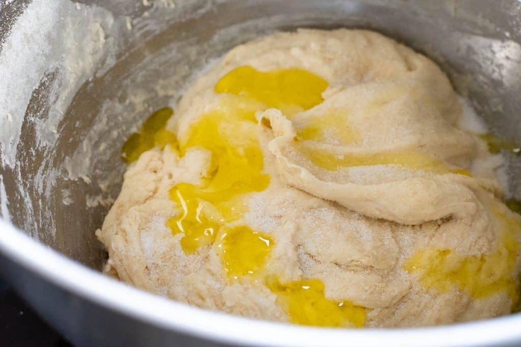Salt and olive oil drizzled over fermentolysed sourdough.