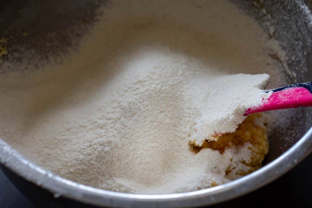 Dry ingredients added to the cookie batter.