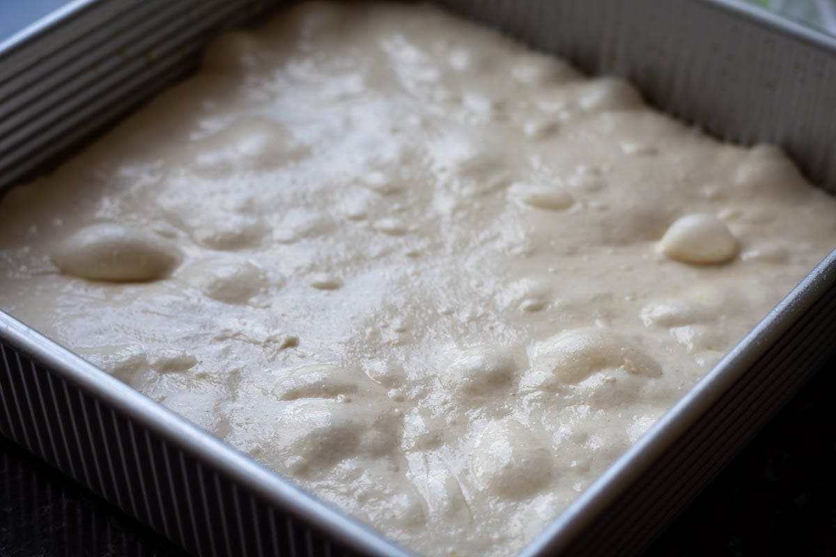 Sourdough focaccia after the second rise with lots of blisters on the surface of the dough.