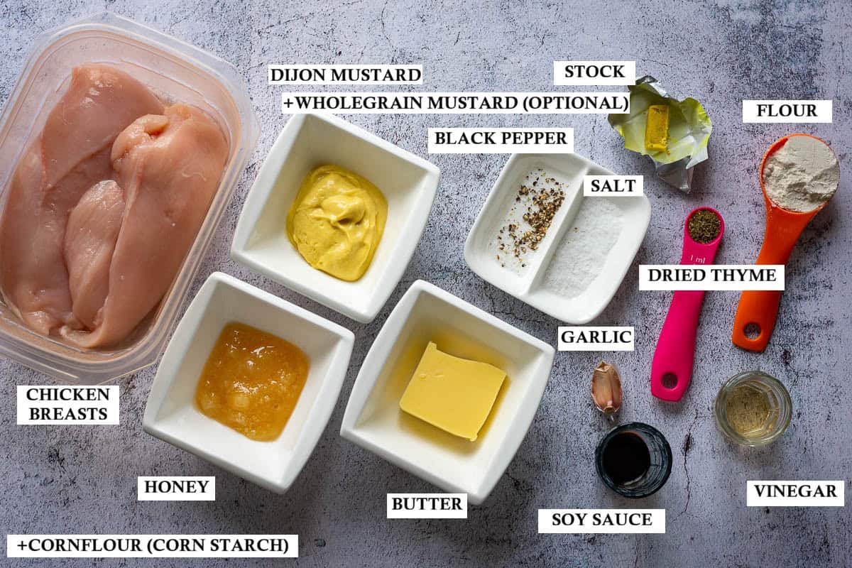 Labelled ingredients for Slow Cooker honey mustard chicken breasts.