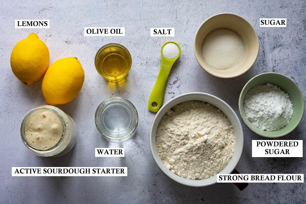 Labelled ingredients for Sweet Lemon Sourdough Focaccia.