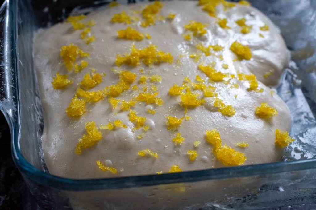 Lemon sugar spread across the sourdough foccacia.