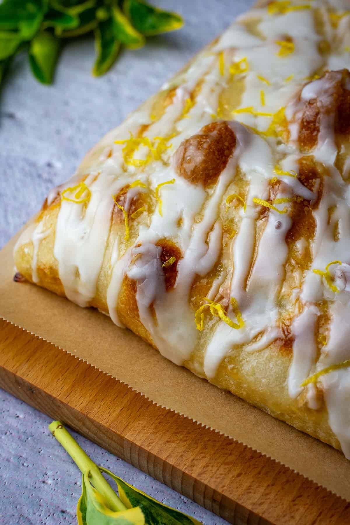 Lemon sourdough focaccia drizzled with lemon icing.