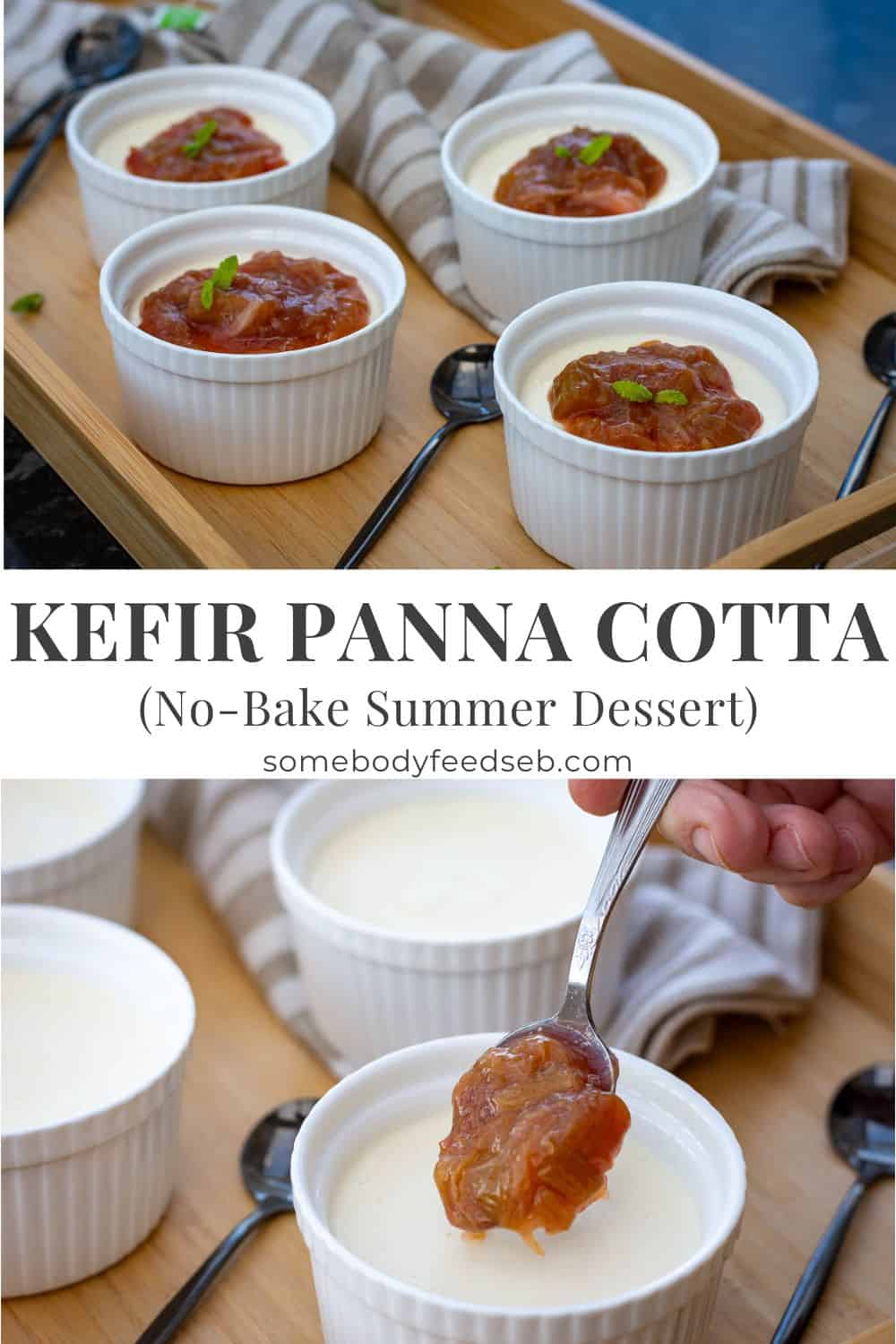 A collage of two photos showing kefir panna cotta being topped with rhubarb compote and 4 ramekins with prepared mint-sprig topped kefor panna cottas.