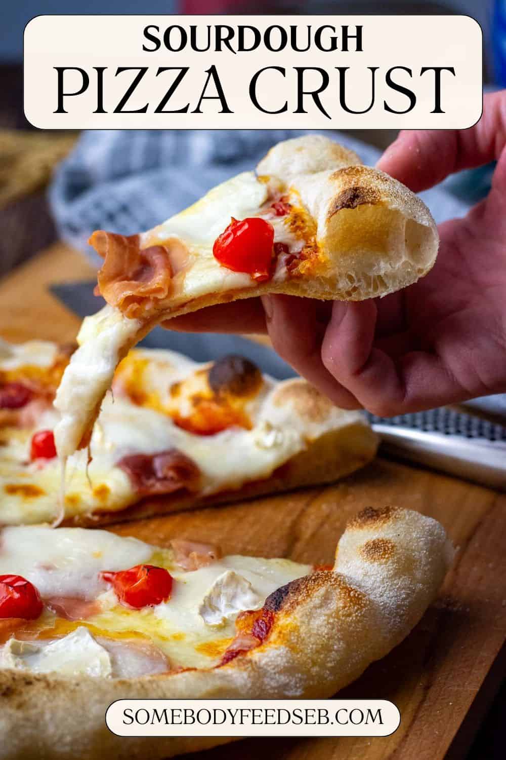 A slice of Neapolitan style pizza being pulled out showing airy and blistery sourdough pizza crust. Pin for Pinterest.