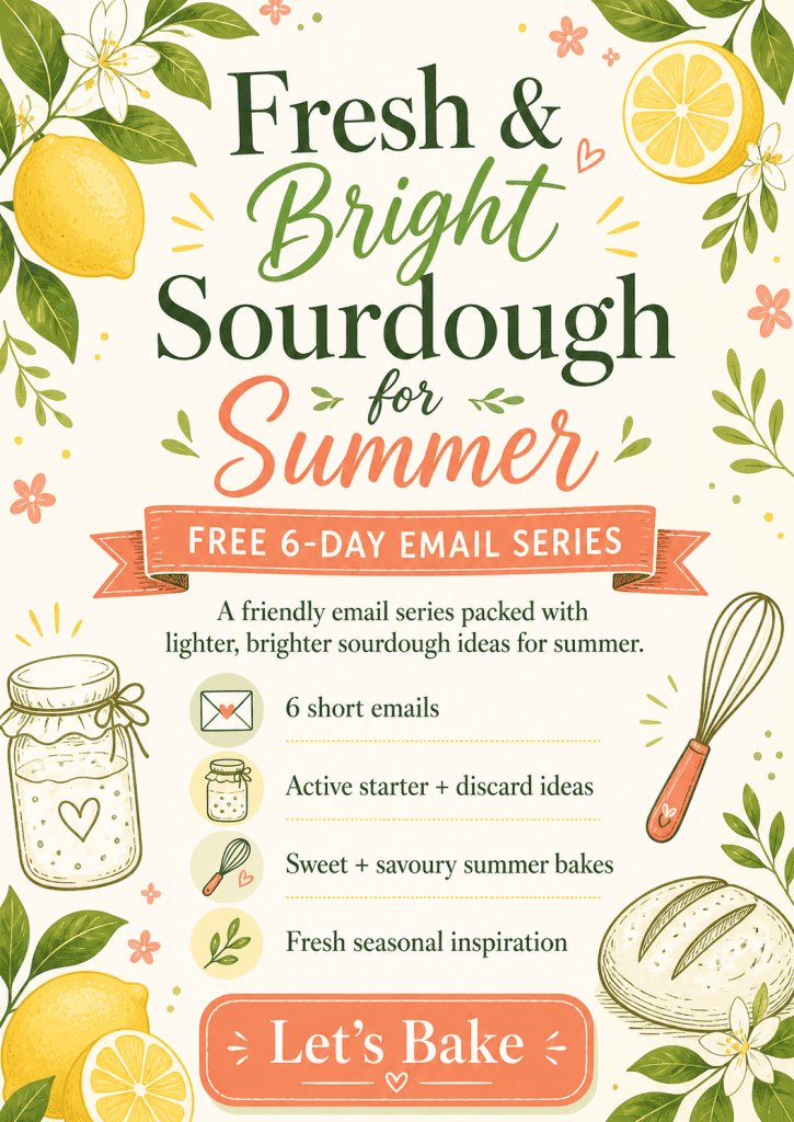 A poster for summer sourdough email series with lemons and sourdough starter drawings.