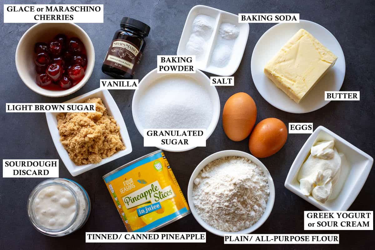 Labelled ingredients for Sourdough Discard pineapple cake.