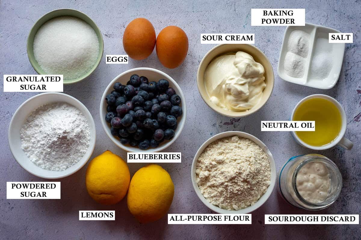 Labelled ingredients for Sourdough discard cake with lemon and blueberries on a grey surface.