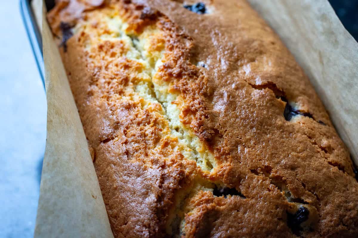 Baked lemon blueberry sourdough discard cake in a loaf pan.