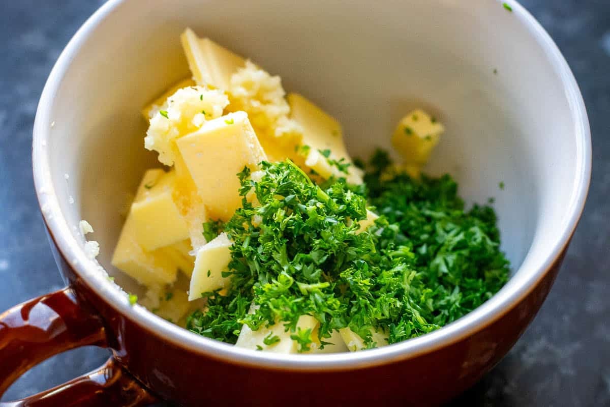 Garlic butter mixture in a small bowl.