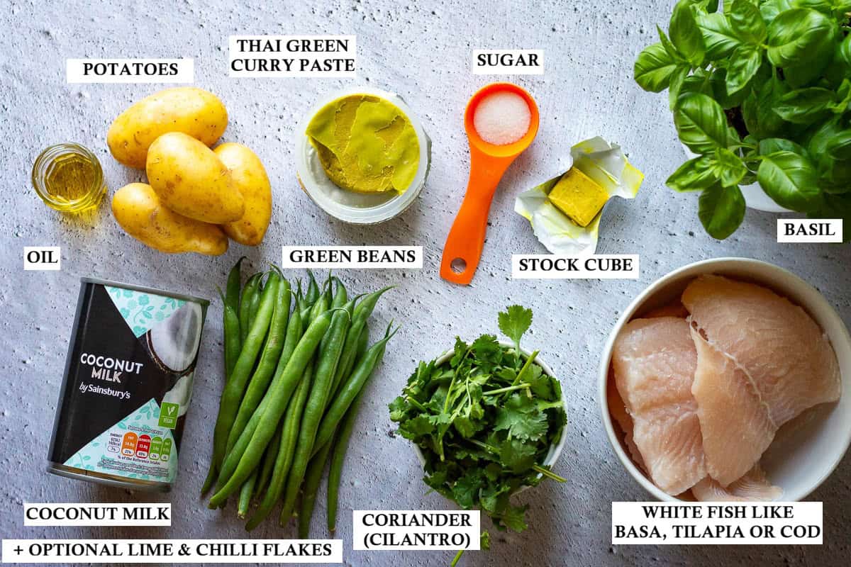 Labelled ingredients for creamy Thai Green Fish Curry.