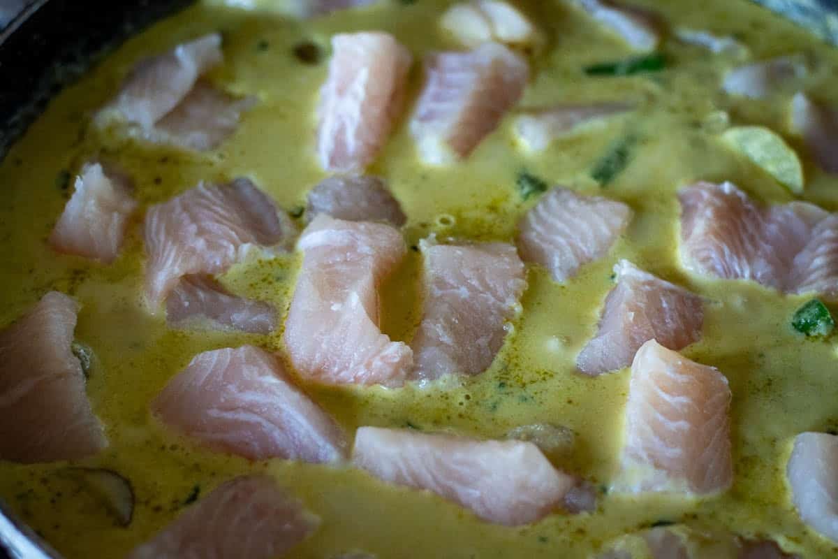 Cubed white fish pieces added to the curry sauce.