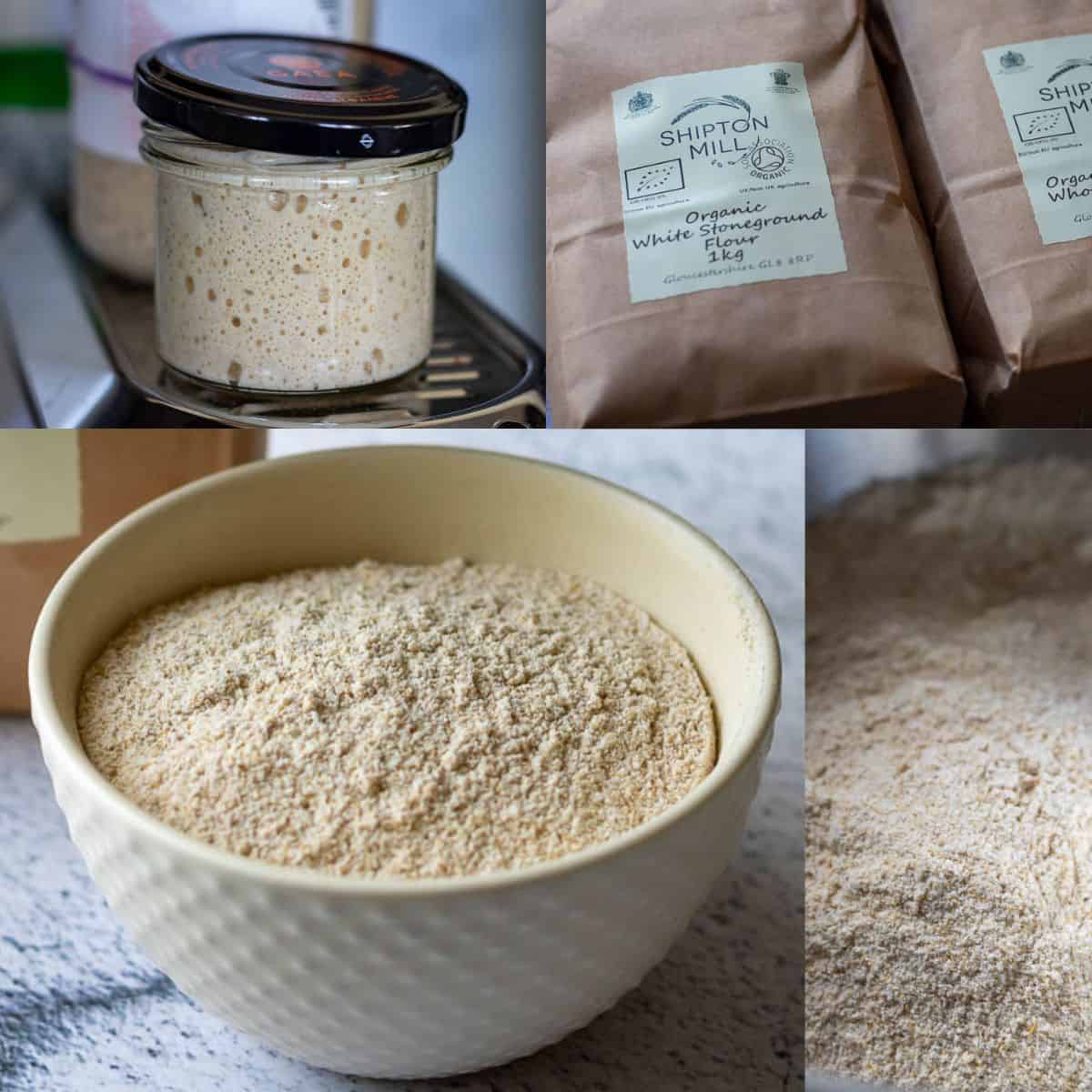 a collage of photos showing various types of flour for sourdough in their packets or bowls, as well as sourdough starter fed one of the flours.