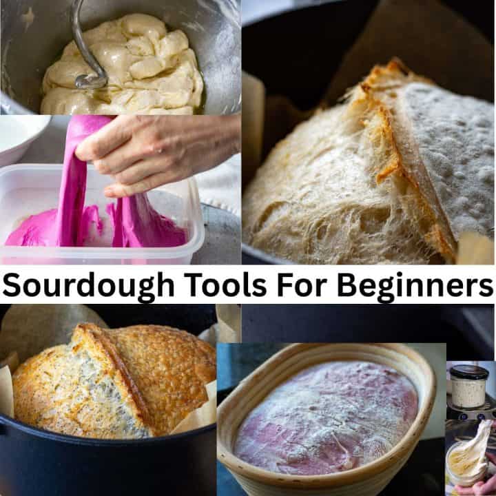 A collage of photos showing sourdough at different stages and tools/ equipment used for that stage.