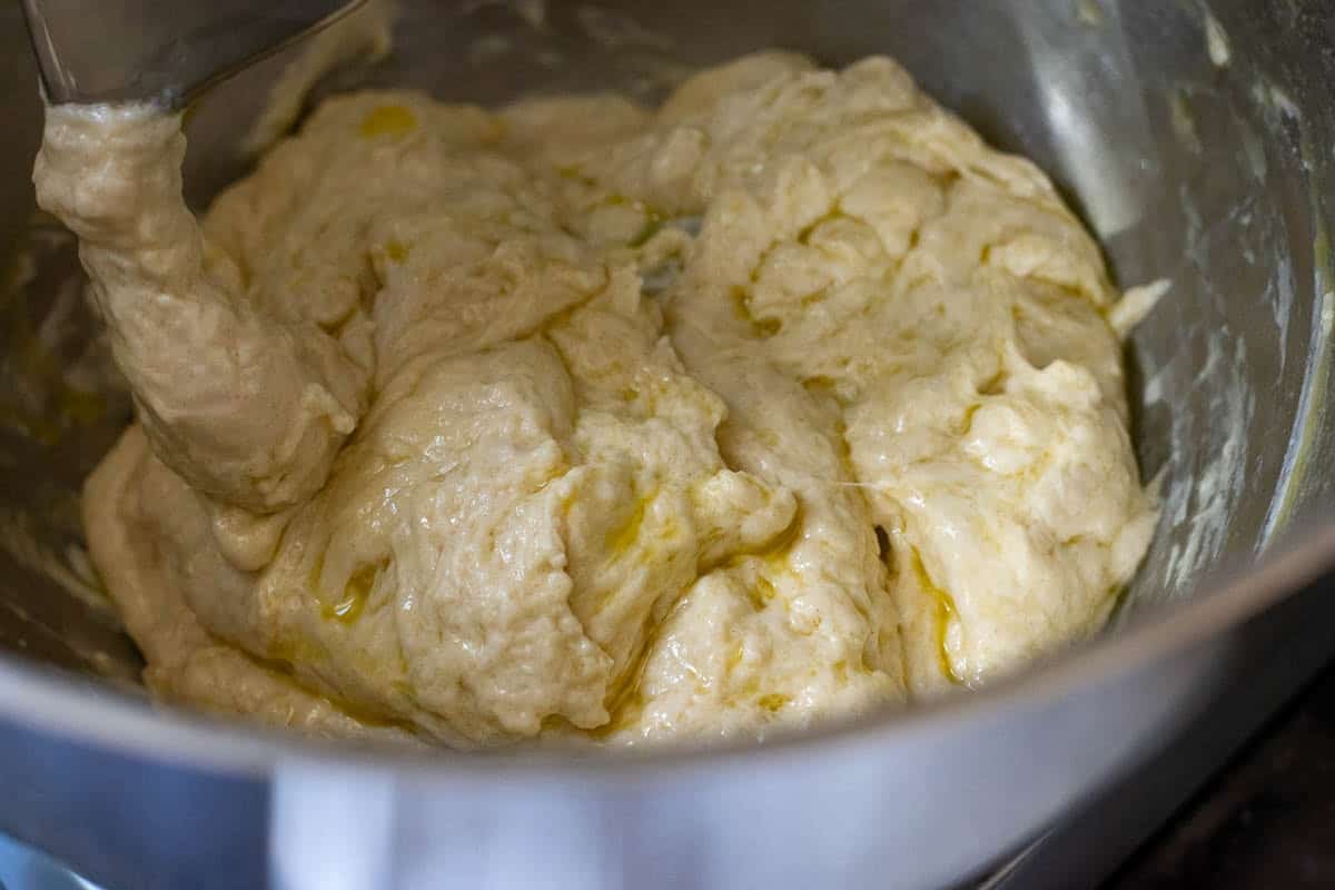Oil and salt added to shaggy fermentolysed sourdough in a bowl of a stand mixer.