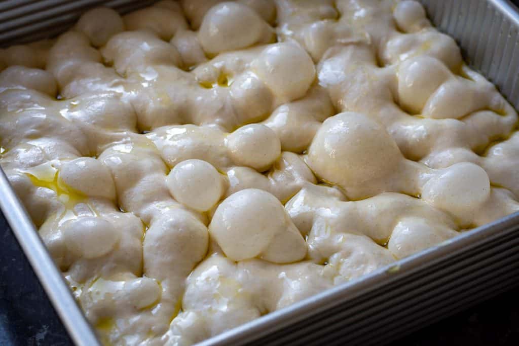 Dimpled sourdough focaccia with lots of blisters on top.