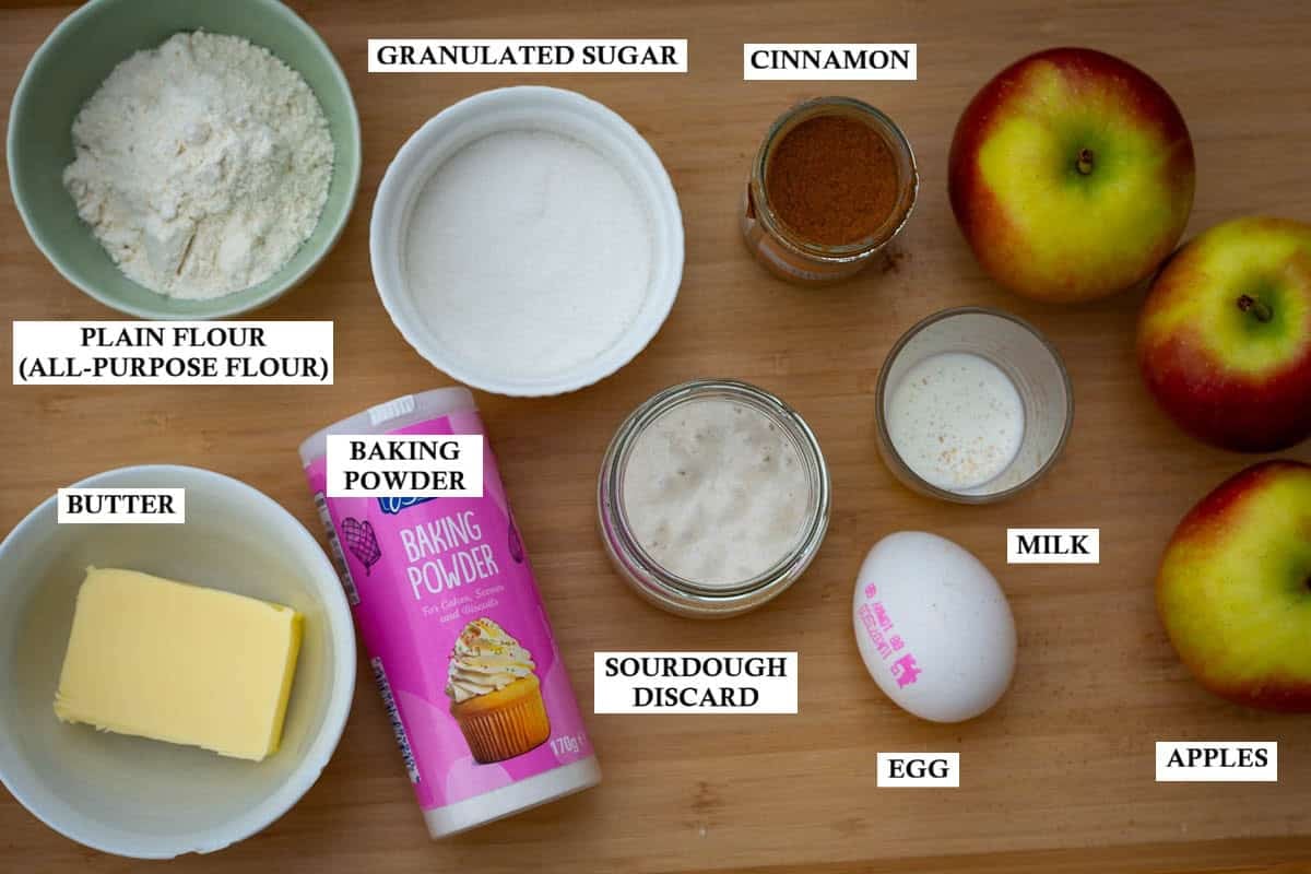 labelled ingredeints for slow cooker sourdough apple cobbler.