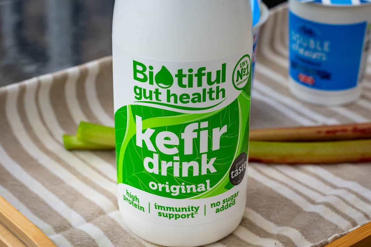 The kefir drink bottle used for the panna cotta recipe.