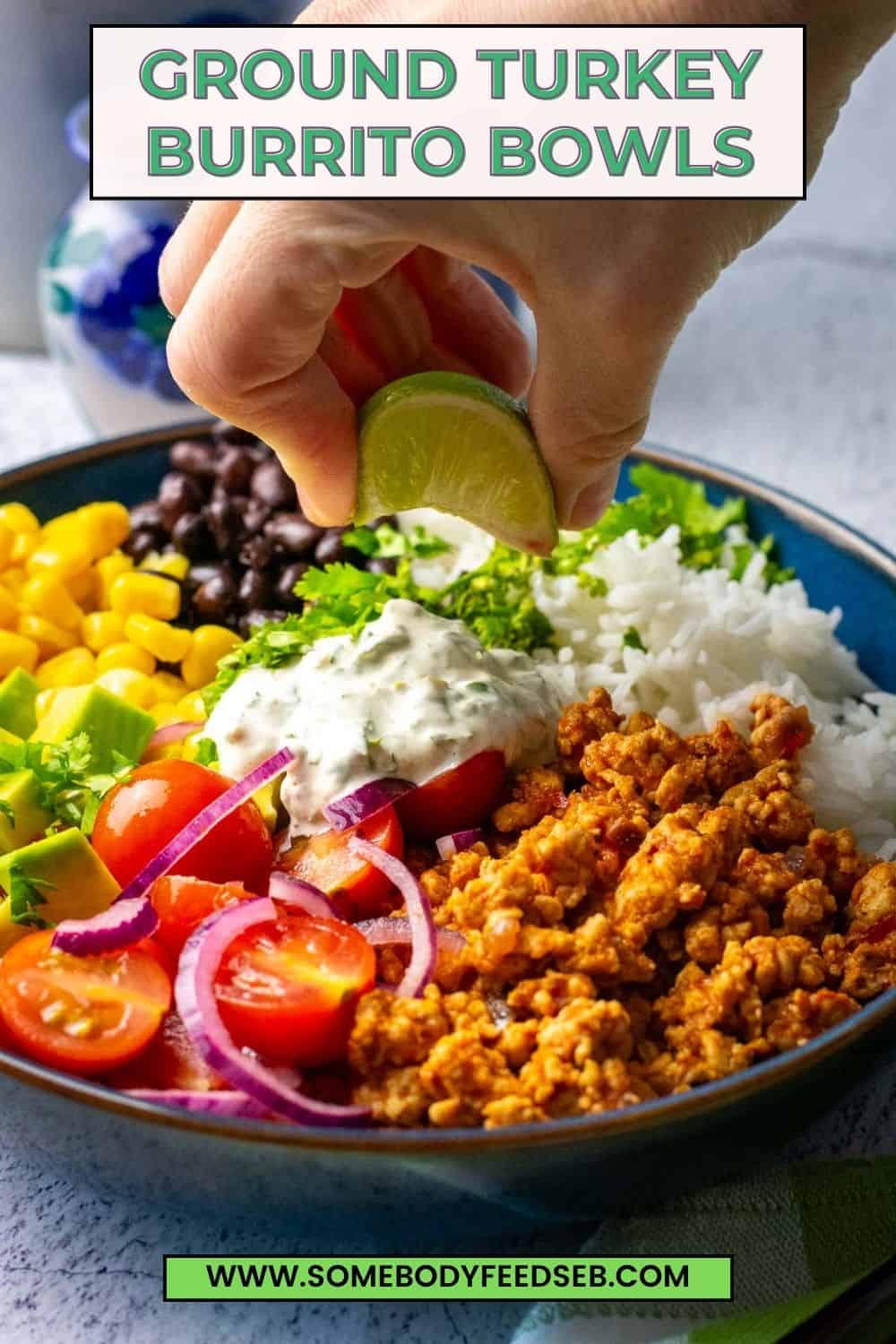 Squeezing lime wedge over the ground turkey burrito bowls. Pin for Pinterest.