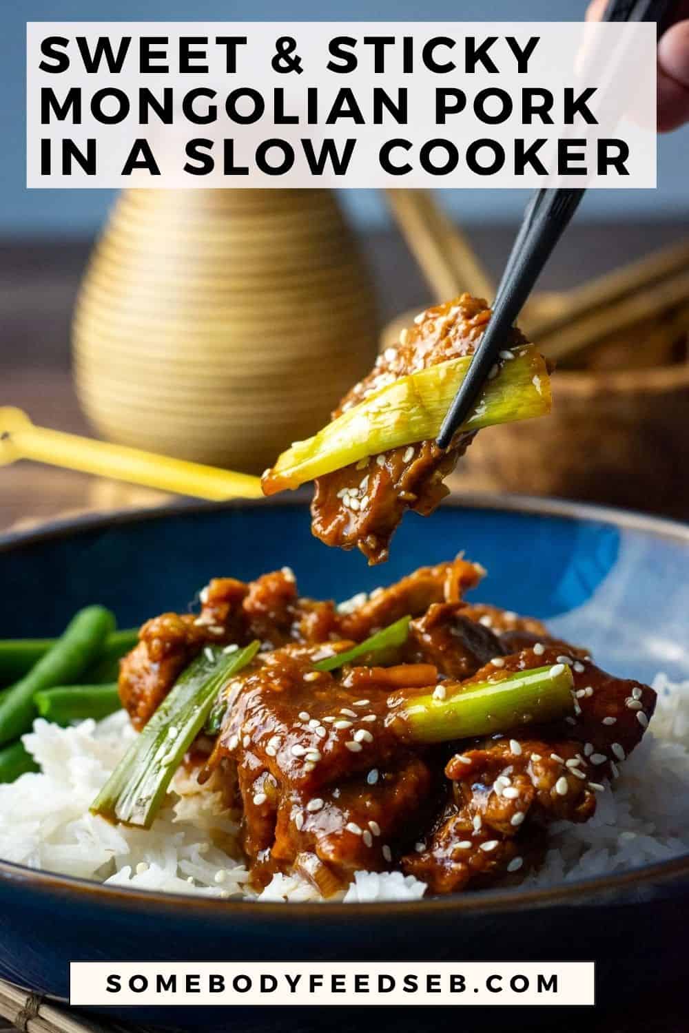 Slow cooker Mongolian pork piece being picked up from a bowlful. Pin for Pinterest.