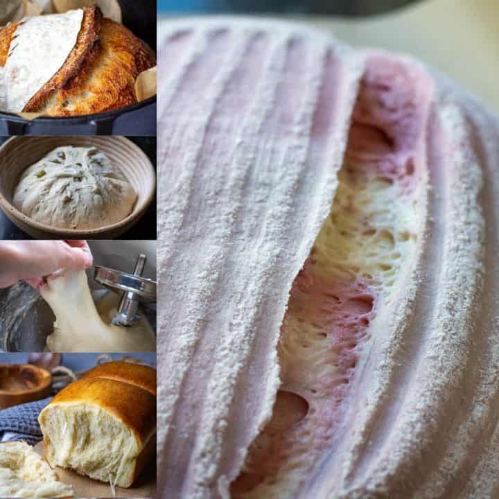 A collage of 5 photos of sourdoug hat different stages of making it, all of which are explained in the sourdough glossary.
