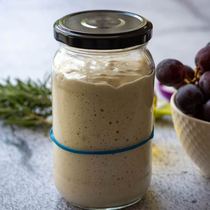 Sourdough Starter at its peak in a glass jar with a lid and a rubber band around it.