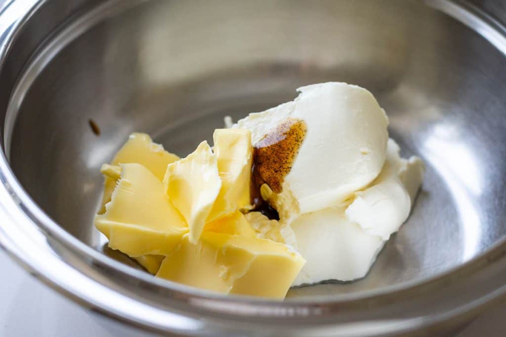 Cream cheese, butter and vanilla in a large mixing bowl for the frosting.
