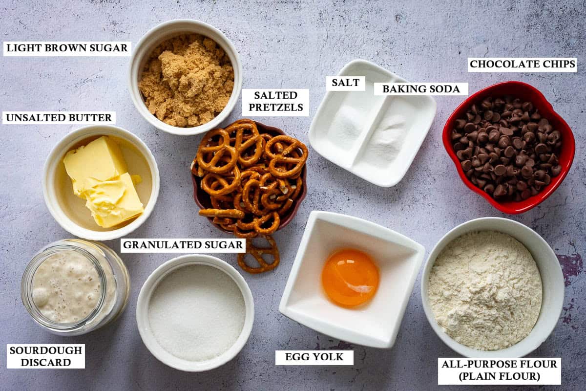 Labelled ingredients for sourdough chocolate chip pretzel cookies.