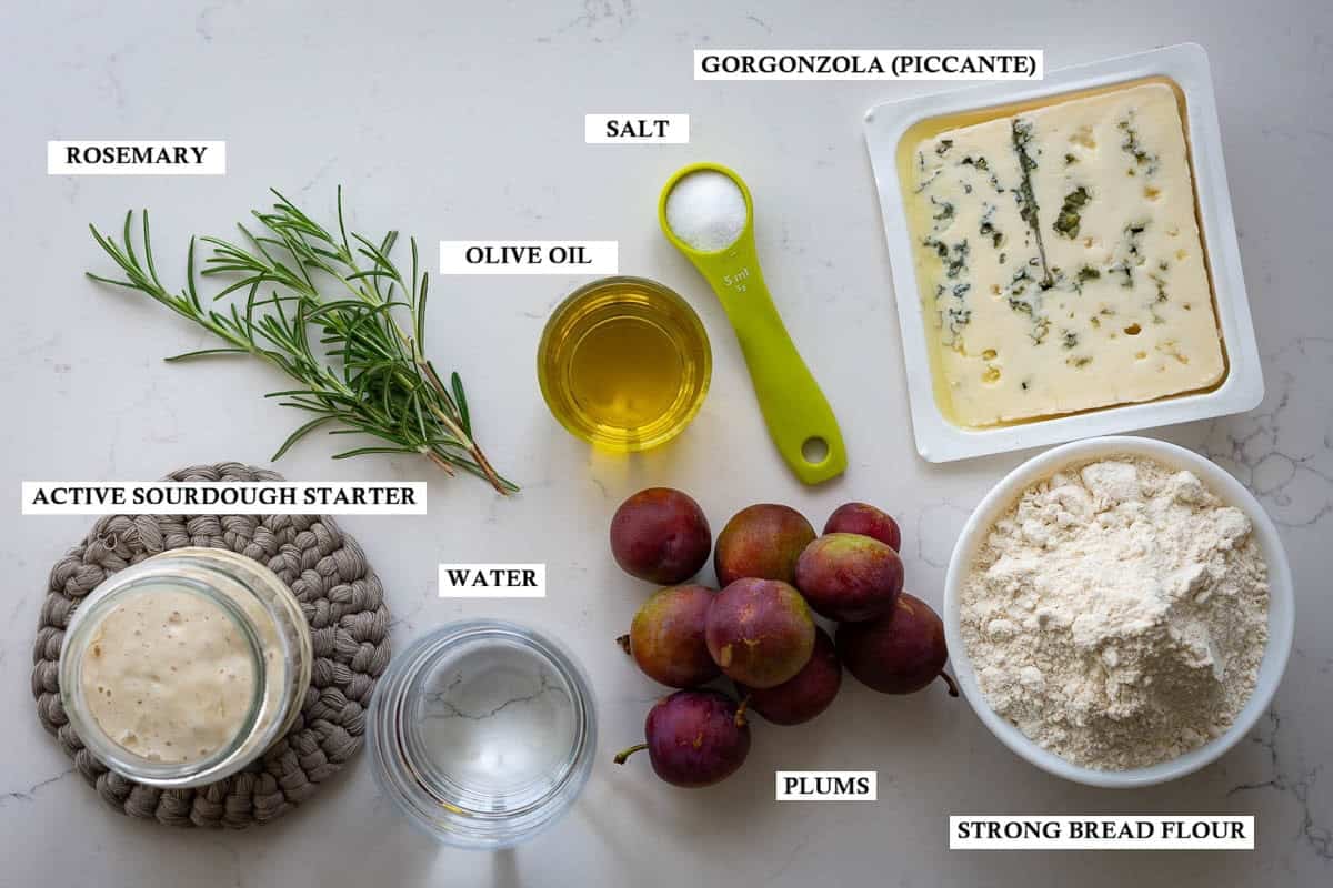 Labelled ingredients for sourdough focaccia with plums, gorgonzola and rosemary.