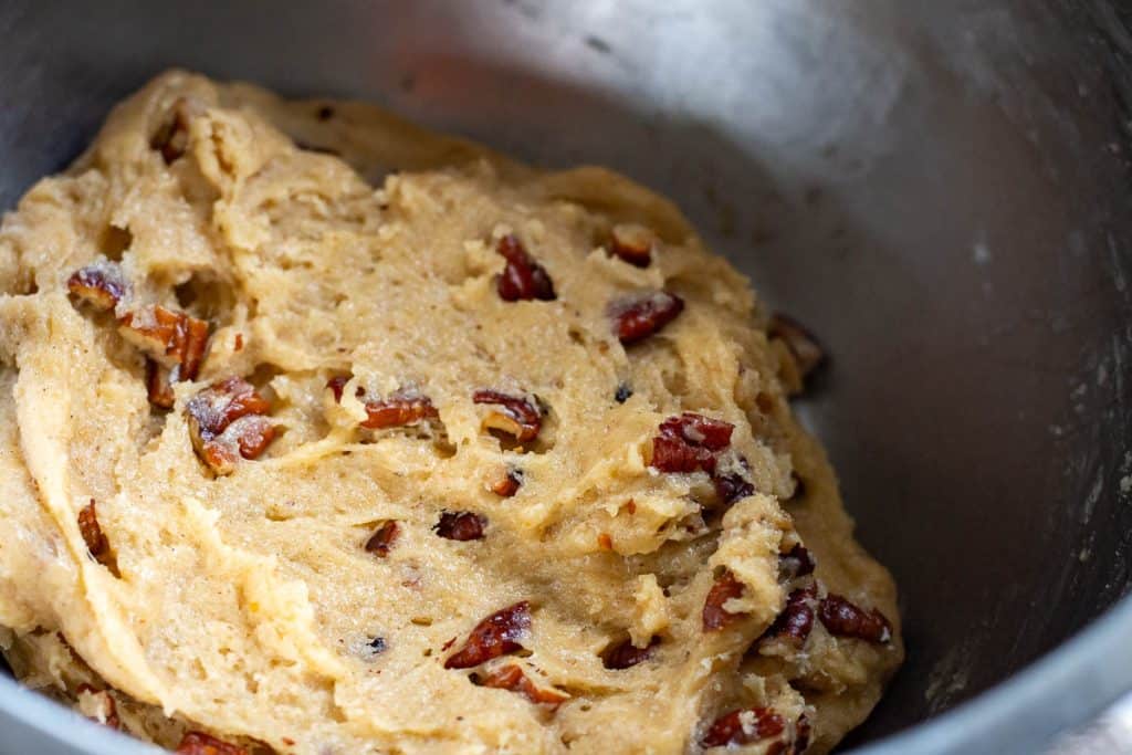 Sourdough discard cookie dough in a large metal bowl ready to chill.