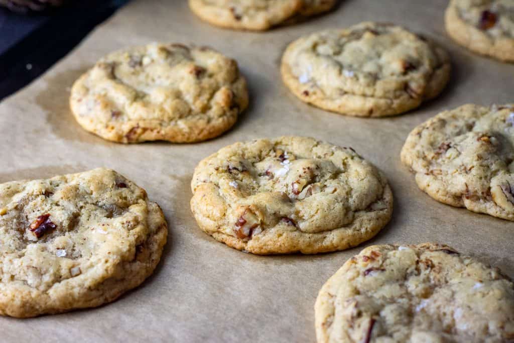 Sourdough butter pecan cookies sunken and crackled in the middle after dropping the sheets.