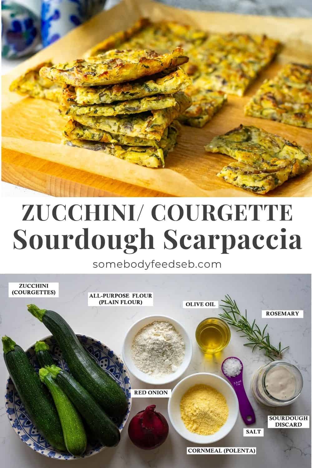 Sourdough scarpaccia on a piece of parchment paper cut into squares and stacked as well as ingredients required to make it. Pin for Pinterest.