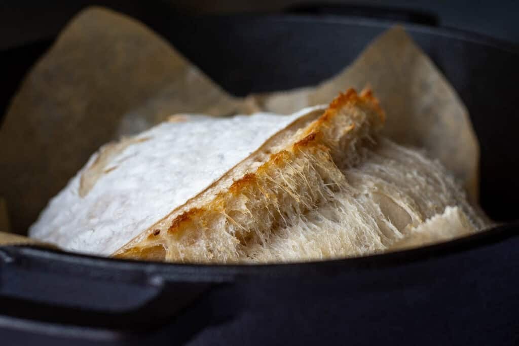 Sourdough bread after lidded bake in a Dutch Oven.