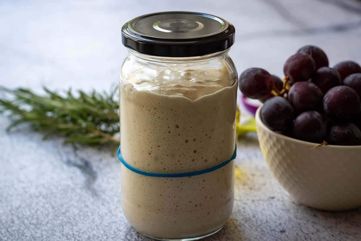 Active sourdough starter in a glass jar with small bubbles.
