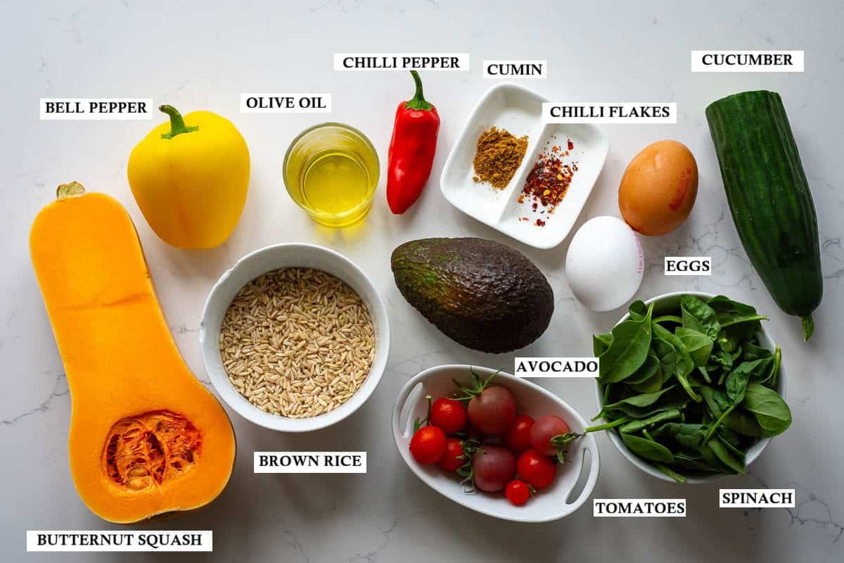 Labelled ingredients for butternut squash buddha bowls.