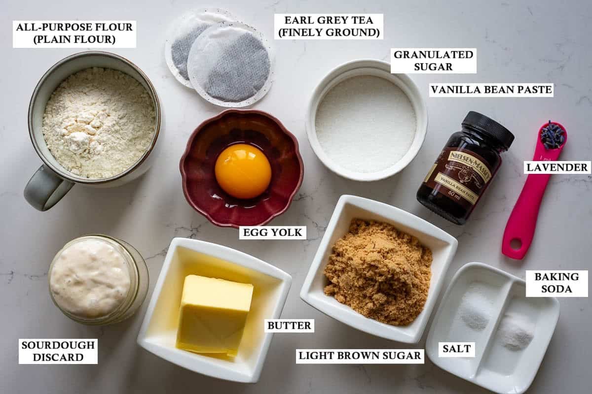 Labelled ingredients for London Fog Sourdough Cookies.