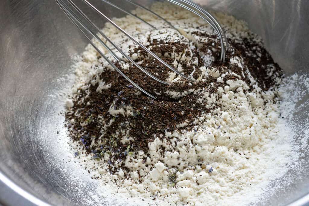 Finely chopped lavender and finely ground Earl Greay added to the flour.