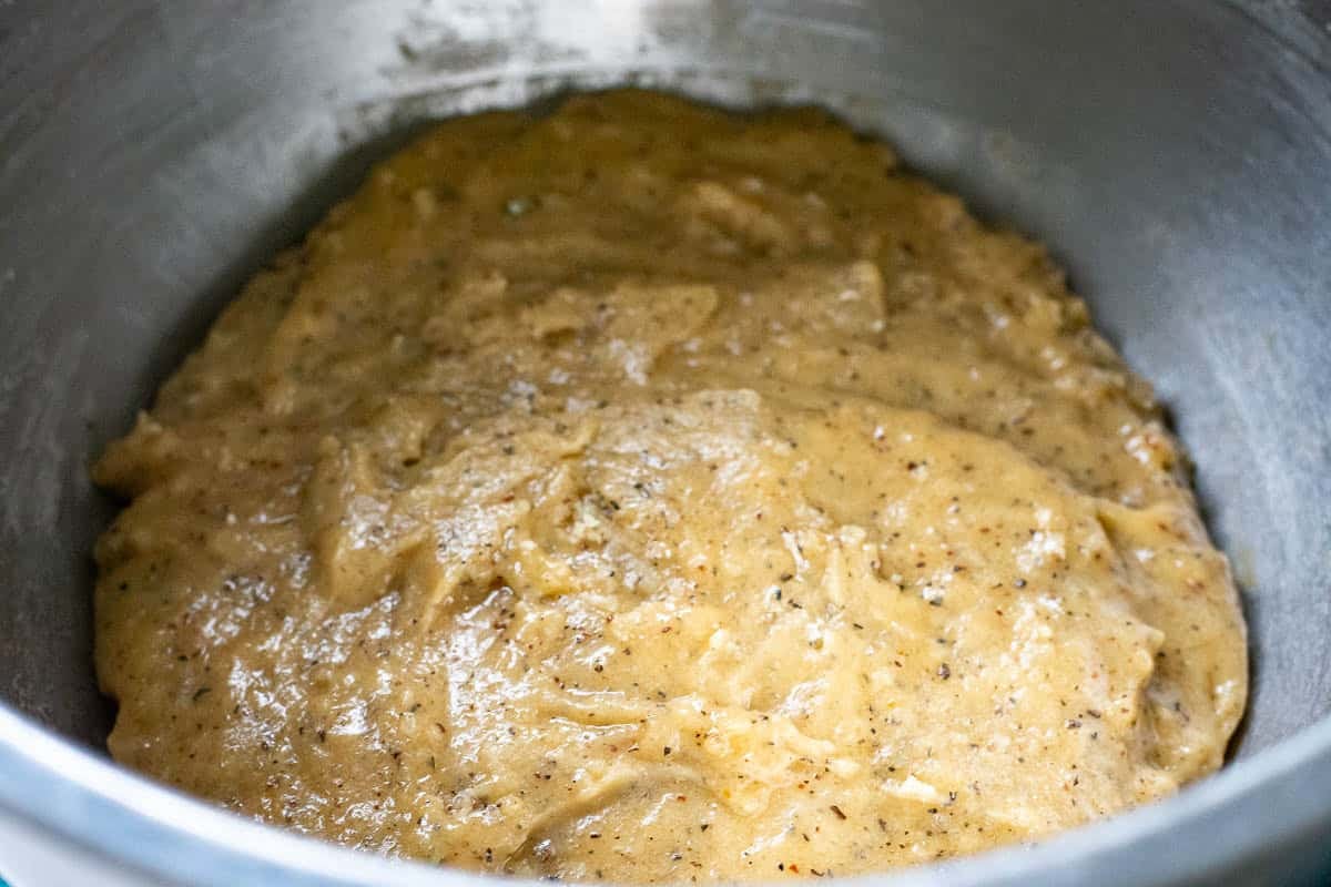 Earl Grey Sourdough Cookie dough in a metal bowl ready for chilling.