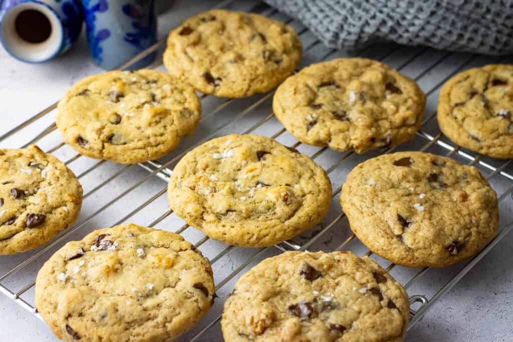 Sourdough banana bread cookies cooling on a wire rack.