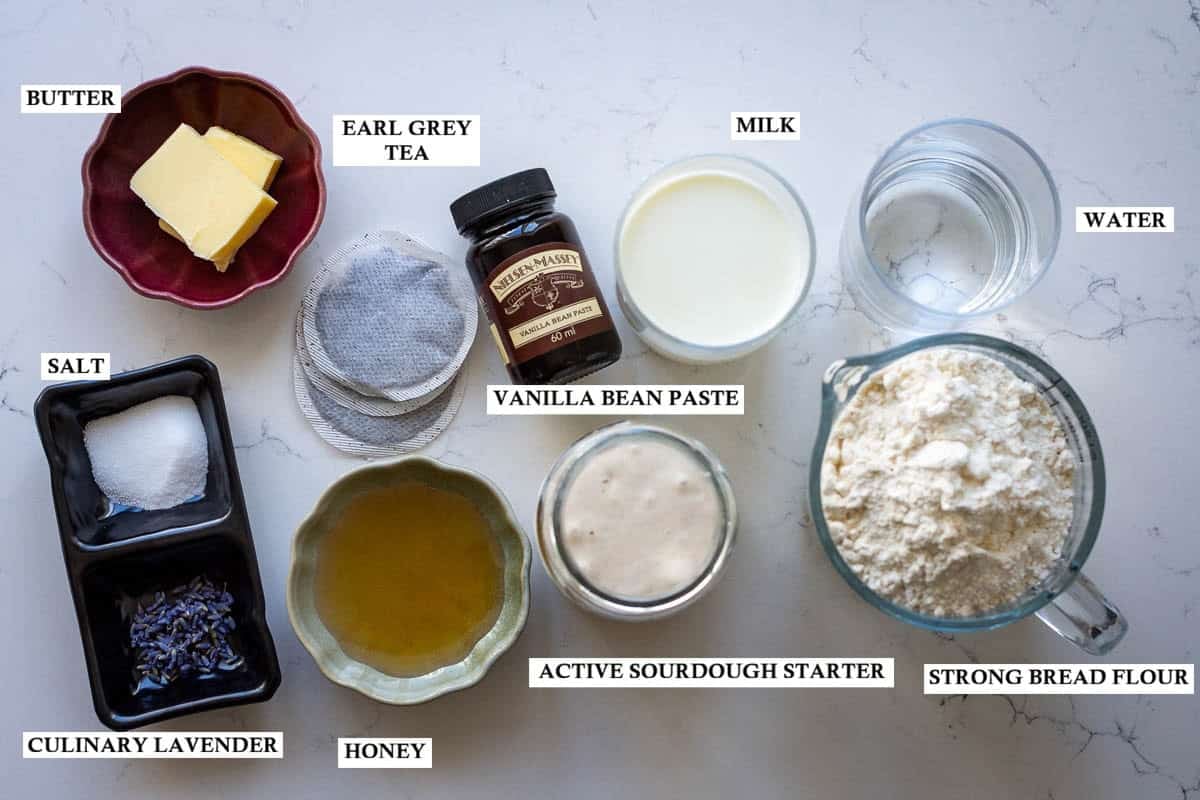 Labelled ingredients for London Fog Sourdough Bread with Earl Grey and Lavender.