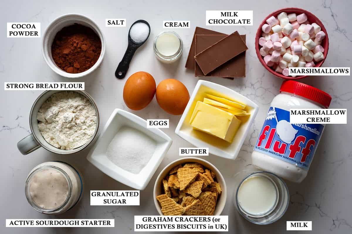 Labelled ingredients for sourdough s'mores rolls with marshmallow fluff topping.
