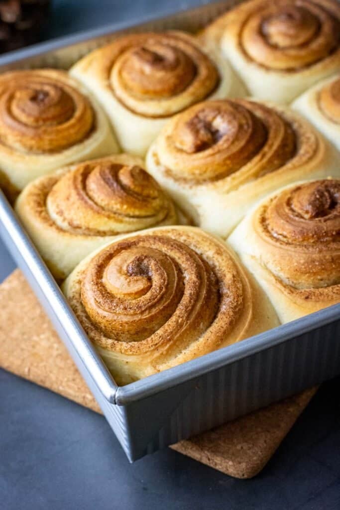 Baked sourdough sticky buns in a pan before inverting.