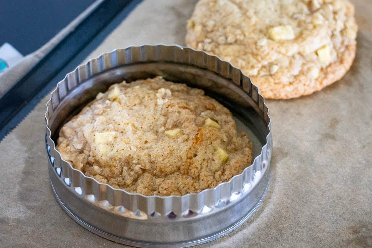 A large cookie cutter used to pull the sourdough apple cookies back into a round shape after they spread in different directions in the oven.