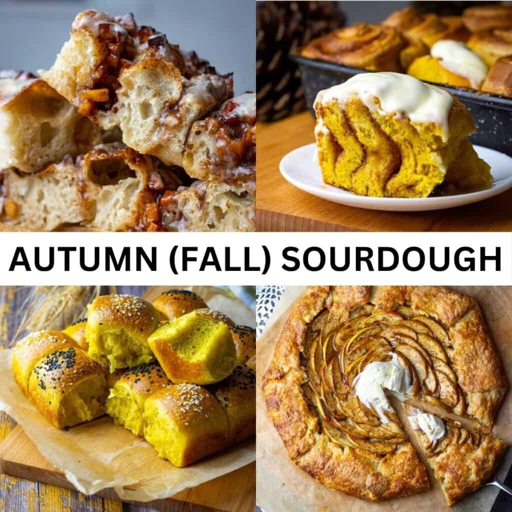 A collage of four photos showing autumnal fall sourdough bakes with overlay text "Autumn (Fall) Sourdough".