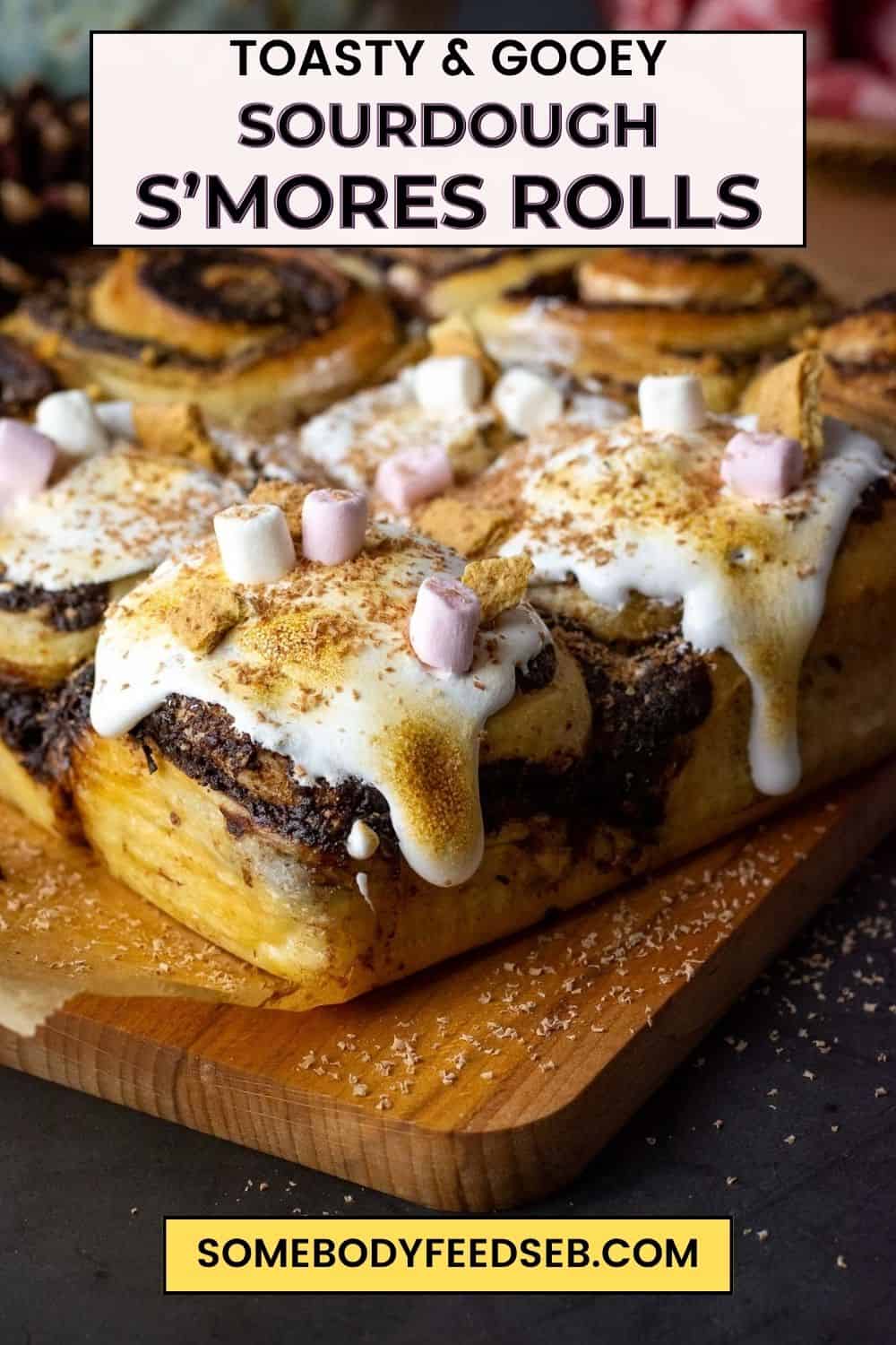 Sourdough S'mores Rolls with marshmallow fluff and mini marshmallows on top. Pin for Pinterest.