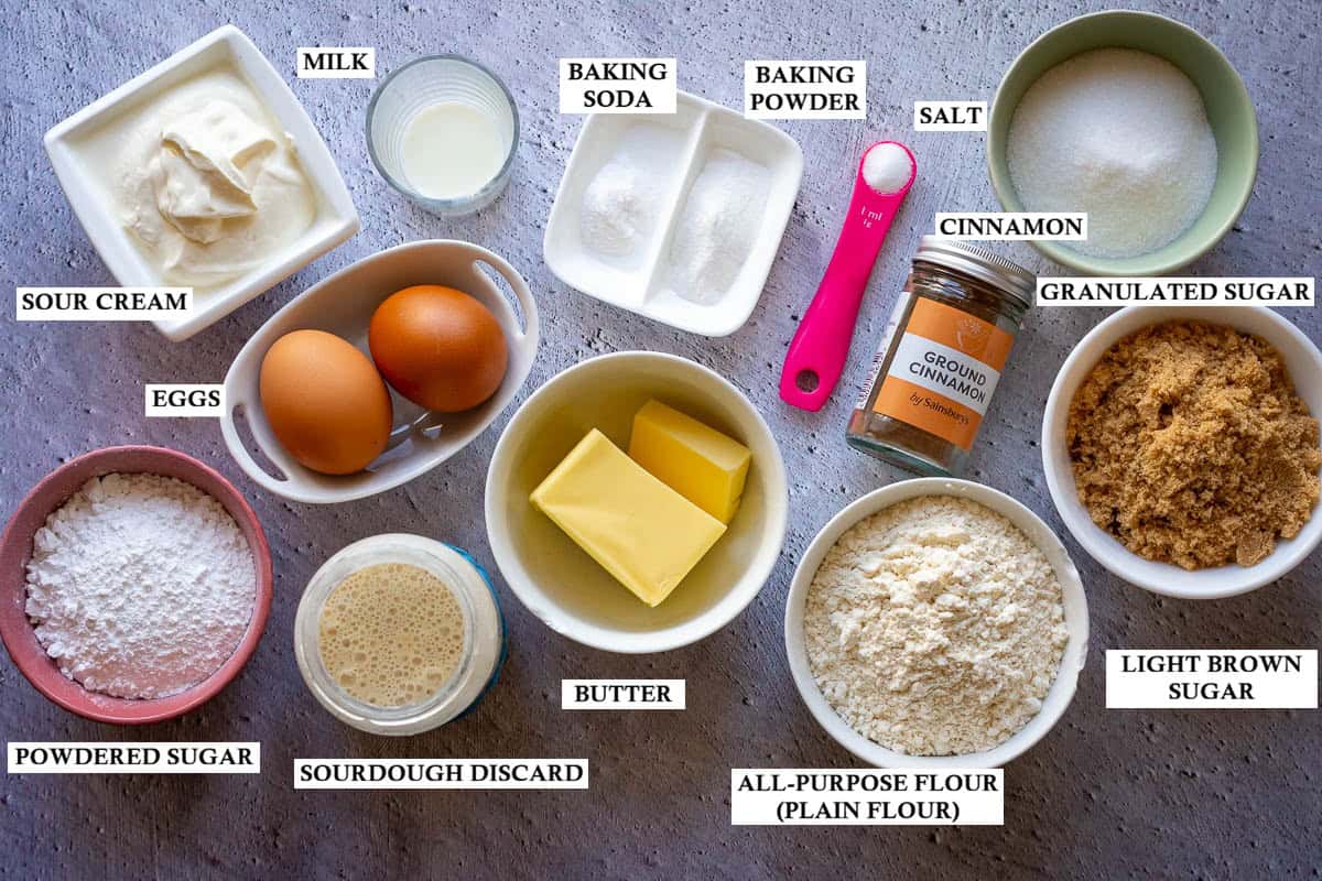 Labelled ingredients for Sourdough discard coffee cake with cinnamon.