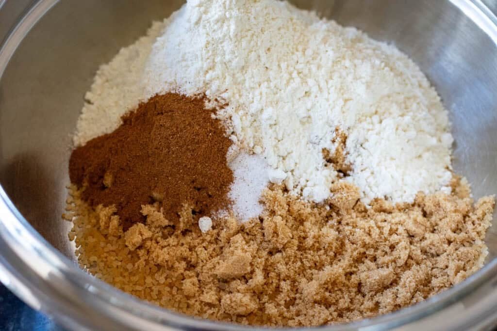 Ingredients for streusel topping for the sourdough coffee cake in a bowl.
