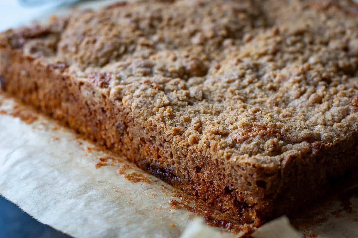 Baked and cooled sourdough discard coffee cake.