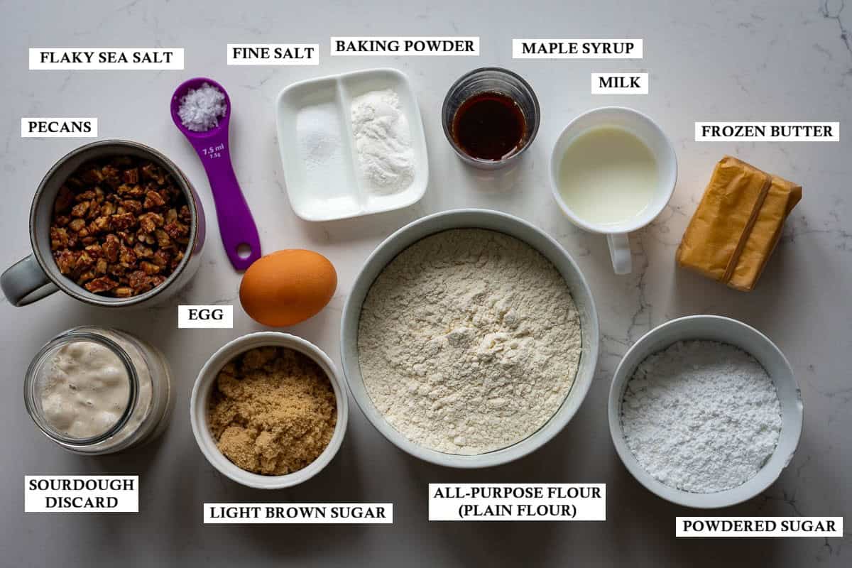 Labelled ingredients for Maple pecan sourdough scones.